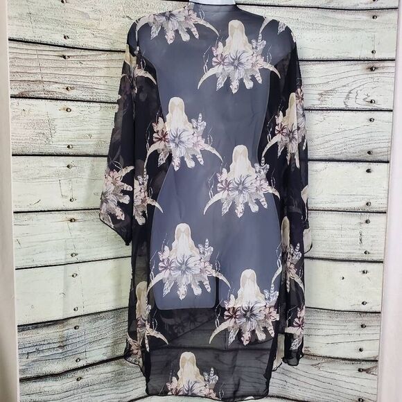 Adora Black Beige Floral Kimono Large Sheer Open Front Boho Duster USA - Picture 4 of 7